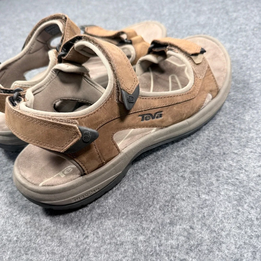 Teva Tanza Leather Sport Sandals Mens 9 Brown Hiking Trail Shoc Pad 1002263
